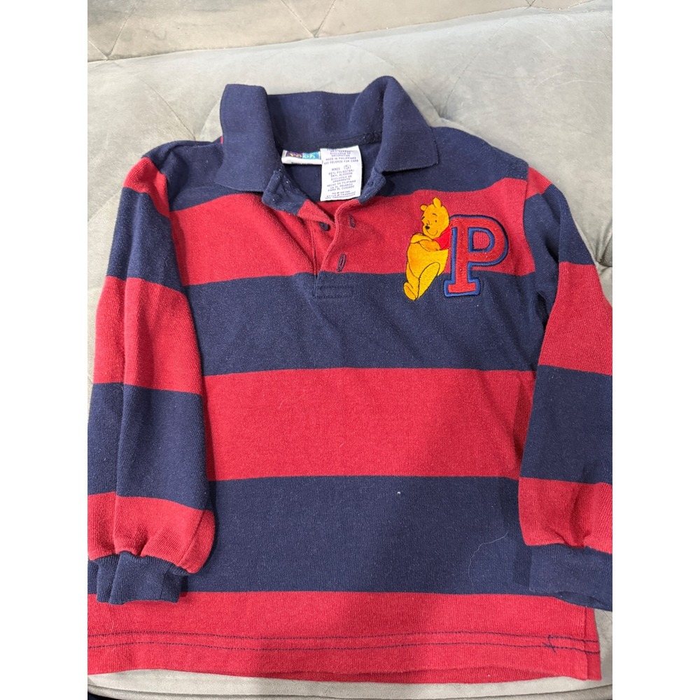 Vintage Pooh Disney Boys 5 Striped Long Sleeve Polo Shirt Red Navy Blue 74255000